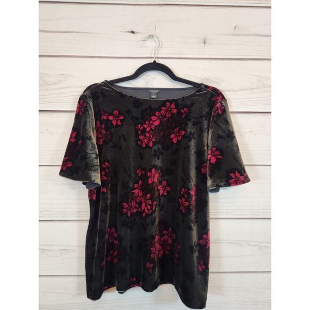 Ann Taylor Womens Multicolor Floral Velvet Flutter Sleeve Crewneck Blouse LP